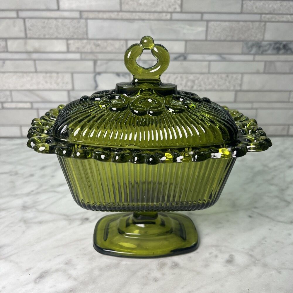Vintage Indiana Glass Lace Edge Ribbed Olive Green Candy Dish with Lid (chipped